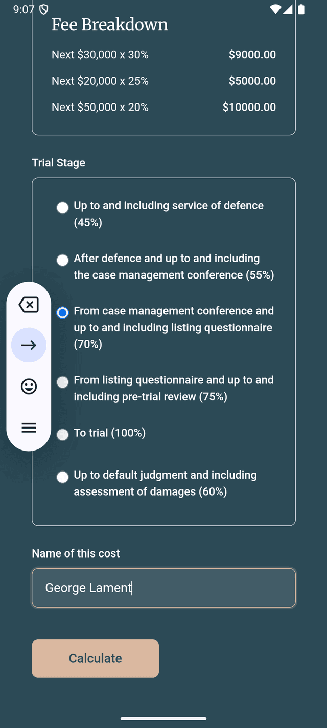 Calculator Interface - Legal Cost Calculator